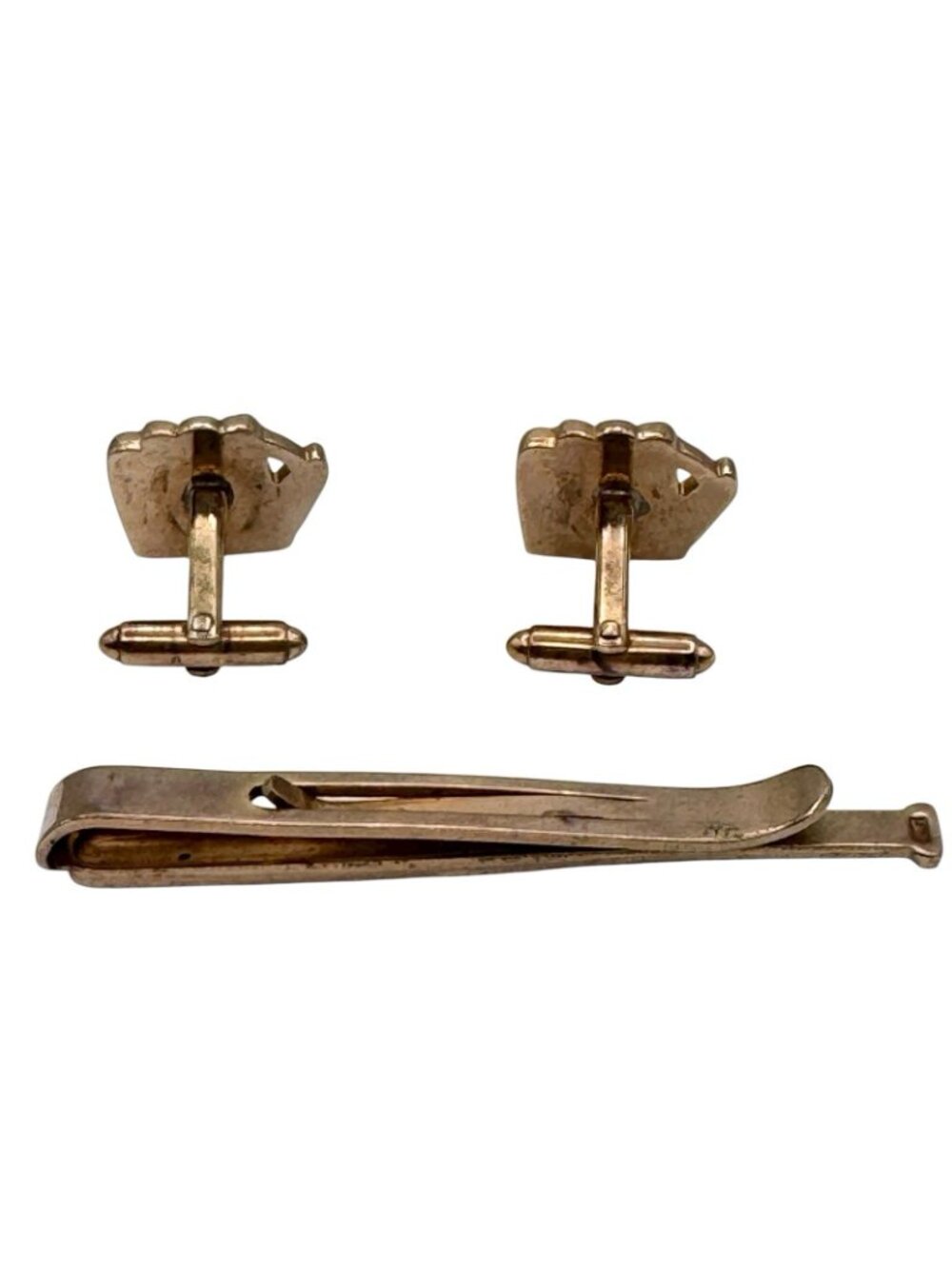 Baseball Motif Cuff Links Tie Clip MOP Baseball in Mitt Gold Tone Vintage 1950s - Picture 8 of 9